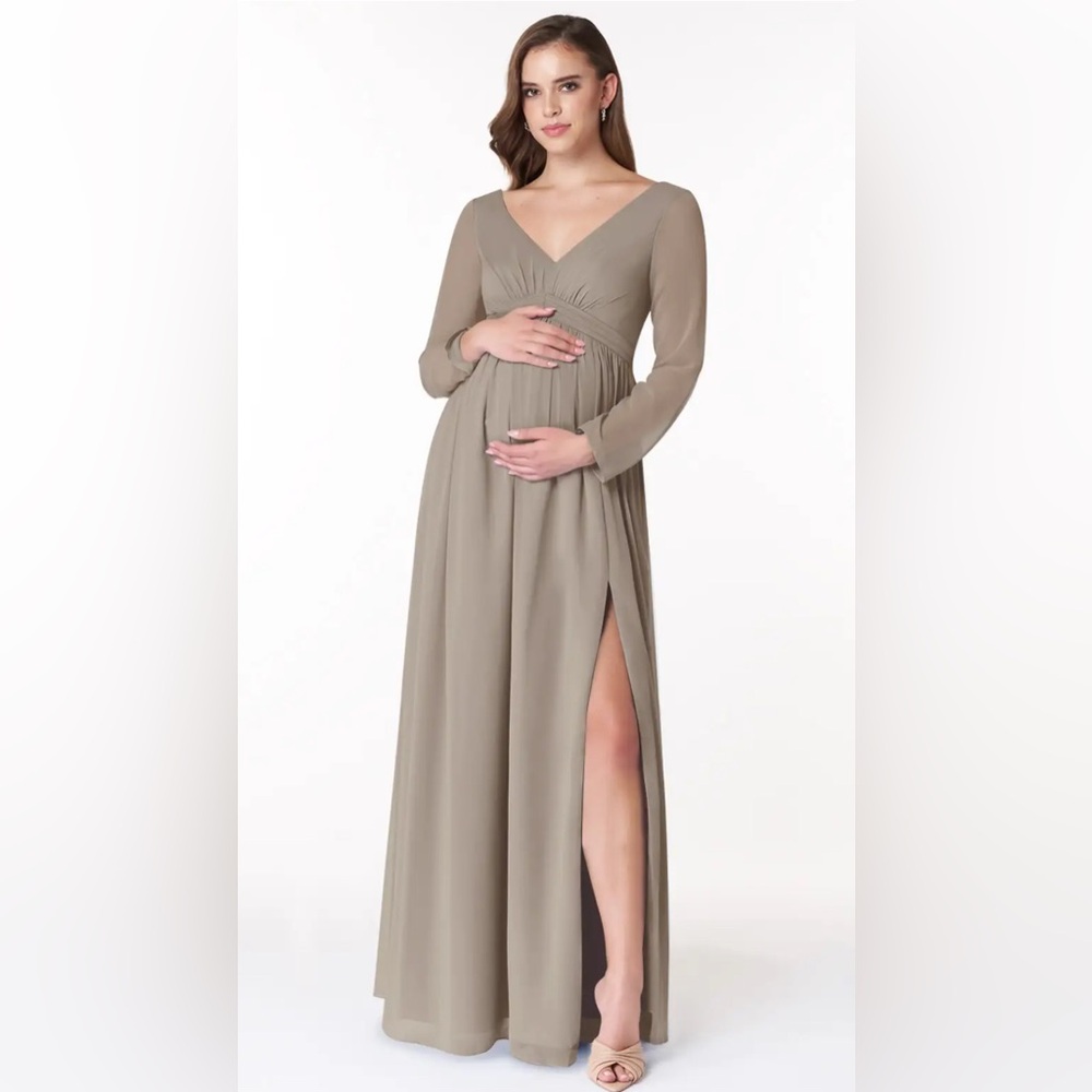 Maternity dress - AZAZIE TETON - A-Line Long Sleeve, Floor-Length in Taupe